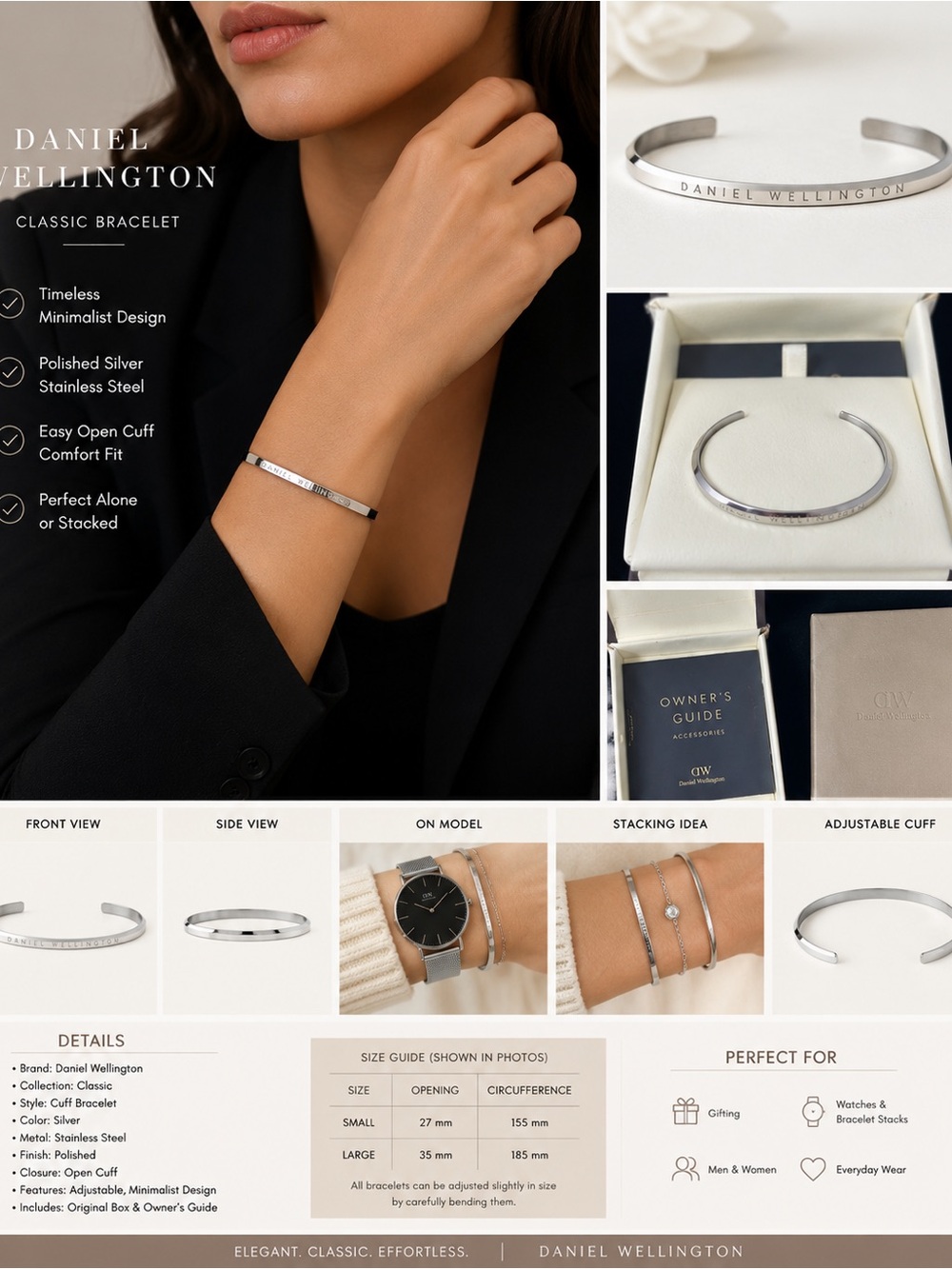 Daniel Wellington Classic Bracelet Silver Tone Cuff Bangle w/ Box & Owner Guide